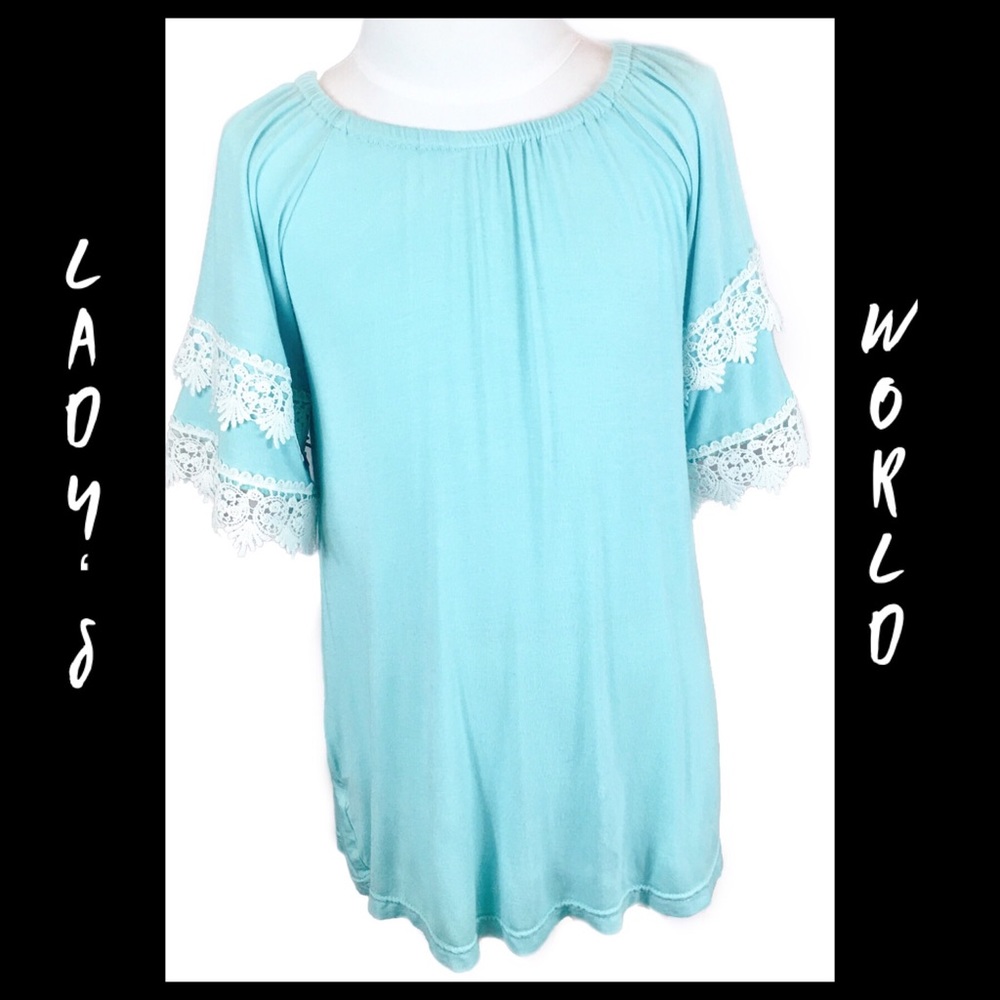 Lady’s World Light Aqua Ruffle Sleeve Top Sz 8/10